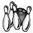 Pixelated grayscale image of three bowling pins with a dark triangular shape above them, rendered in low-resolution style.