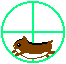 Brown hamster in green circular frame with crosshairs, running in a wheel with visible motion blur on limbs.