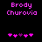 Pixelated text 'Brody Churovia' in bright pink on black background with two of heart symbols below