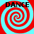 Four identical spiral patterns with red and cyan colors, each containing the word "DANCE" in bold black text at top-left corner.