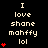 Pixelated text and red heart symbols animate on a black background with gray corner, displaying 'I love shane mahffy lol' in beige font.