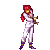 Pixel art character in white outfit with red accents performing a spinning motion, emitting pink particle effects against gray background.