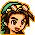 Pixel art of a character with brown hair and green headband, showing two expressions: open eyes on left, closed eyes on right.