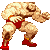 A 4x3 contact sheet of pixelated animation frames showing a muscular cartoon character in red shorts and boots performing various poses against a gray background.