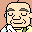 Pixel art contact sheet showing two frames of a bald cartoon character with gray eyebrows, smiling face, and yellow-and-white outfit against a peach background.