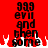 Red background with black pixelated text reading '999 evil and then some' in stacked lines, white flame-like shapes at the bottom.