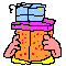 Pixelated cartoon character in yellow shirt holds orange gift box with blue top, showing multiple poses including front-facing and side views.