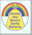A circular icon with a rainbow arch over a yellow bell shape containing text, displayed in a of six identical copies