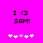 Pixelated text 'I <3 SAM!' on bright pink background with white and light purple plus signs below.