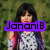 A pixelated image of a person with long dark hair wearing a white patterned top and colorful jacket, overlaid with purple text reading "JananiB loves Selena Gomez".