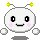 Pixelated white circular character with yellow antennae stars, pink cheeks, and four floating bubbles on gray background.