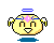 Four pixel-art character faces with yellow heads, blue halos, and winged hair accessories arranged in a on gray background
