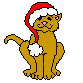 Pixelated brown cat wearing red Santa hat with white trim and pom-pom, sitting upright on gray background in four variations showing mouth and tail position changes.