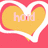 A heart-shaped icon with a yellow interior and white outline on a pink background, displaying partial text in light pink letters.