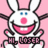 Pixelated bunny with blue eyes, pink nose, and wide grin on pink background; text 'HI LOSER' below.