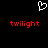 A black background displays a white pixelated heart symbol above two red 'twilight' texts in lowercase.