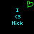 Green pixelated heart symbol above two identical cyan text blocks reading 'I <3 Nick' on black background.