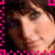 A 50x50 pixel animated buddy icon featuring a close-up of a person's face with brown hair and bangs, surrounded by pink and black pixelated borders, with text elements arranged in a contact-sheet layout across four frames.