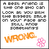 A static digital image with pixelated text and graphics on a white background, featuring a quote about friendship and a flower symbol.