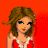 Pixelated cartoon woman with brown hair and green eyes in red top and white pants, standing next to a small dog on orange background.