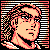 Pixelated static icon of a character's face with red and black striped border, orange skin tone, and visible dithering effects on hair and background.
