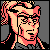 Pixelated static icon of a character with light skin, pink hair tied in a ponytail, and glasses against a gray background.
