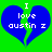 Two identical blue heart shapes with green cracks on a bright green background, each containing white text reading "I love austin z".