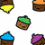 Pixelated cartoon cupcakes with colored frosting and smiling faces, one with green frosting, another with yellow, blue, and purple, next to pink text reading Yummy!