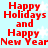 Red pixelated text reading "Happy Holidays and Happy New Year" on a light blue background with white snowflakes.