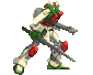 Pixelated mecha robot in three distinct poses with green, red, and gray color scheme against solid light gray background.