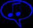 Blue musical note icon in speech bubble with varying animation states on black background.