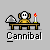 Pixel art icon of a cartoon character sitting at a desk with a candle and rock, labeled 'Cannibal' below.