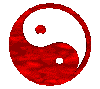 Red and white yin-yang symbols with red textured backgrounds in a of 25 distinct variations, each with unique internal patterns and dot placements
