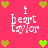 A static image with a bright pink background featuring repeated text "i heart taylor" in white pixelated font and scattered green and brown hearts.