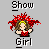 Pixel art of a girl with brown hair and red clothing, surrounded by red pixelated effects, under 'Show' text above and 'Girl' below.