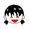 Pixelated cartoon head with black pigtails, red mouth, and closed eyes in two states: smiling wide or slightly open.