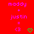 Red background displays repeated 'maddy + justin =' text with alternating heart symbols and '<3' emoticons in purple and green pixels.
