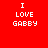 Red background with white pixelated text "I LOVE GABBY" arranged in four , each showing different black bar placements over the text