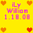 Yellow background with pixelated text and heart symbols in orange, red, and purple hues.