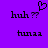 Purple background with black pixelated text 'huh ??' and 'tuna', a heart symbol above the first 'huh ??'.