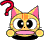 Pixel art cat character with orange-yellow fur, pink ears, and red question mark tail in two animation frames showing mouth expression change.
