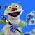 A pixelated cartoon character with a red nose and green body holding a lollipop against a blue background, next to green text reading "Original Icons .com" on a dark green background.