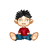 Pixelated character with black spiky hair, green eyes, red shirt, blue pants sitting cross-legged on gray background.