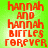 Red pixelated text on green background reads 'hannah and hannah birtles forever' in four identical with slight blur variations