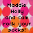 Pixelated text on a pink and orange floral background with white starbursts, reading "Maddie Holly and Cam rock your socks! AKA: The Million email senders! LOL".