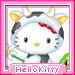 Hello Kitty character in cow costume with red bow, holding green object, pink border text "HelloKitty" on gray background.