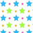 Pixelated icon with white background featuring blue, green, and pink star patterns alongside orange dots; purple background displays cyan text reading "im a star!" and "i love dance".