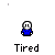 Pixelated character in blue shirt with white head, showing tired expression through 'z' symbols and speech bubbles saying "I'm up!" on gray background.