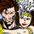 Pixelated cartoon-style animation of two characters in various poses with text labels 'romy', 'extra', and 'fan' overlaid on different frames.
