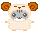Pixel art hamster character in beige hooded outfit with brown curled ears, gray face, and white chest against solid light gray background.